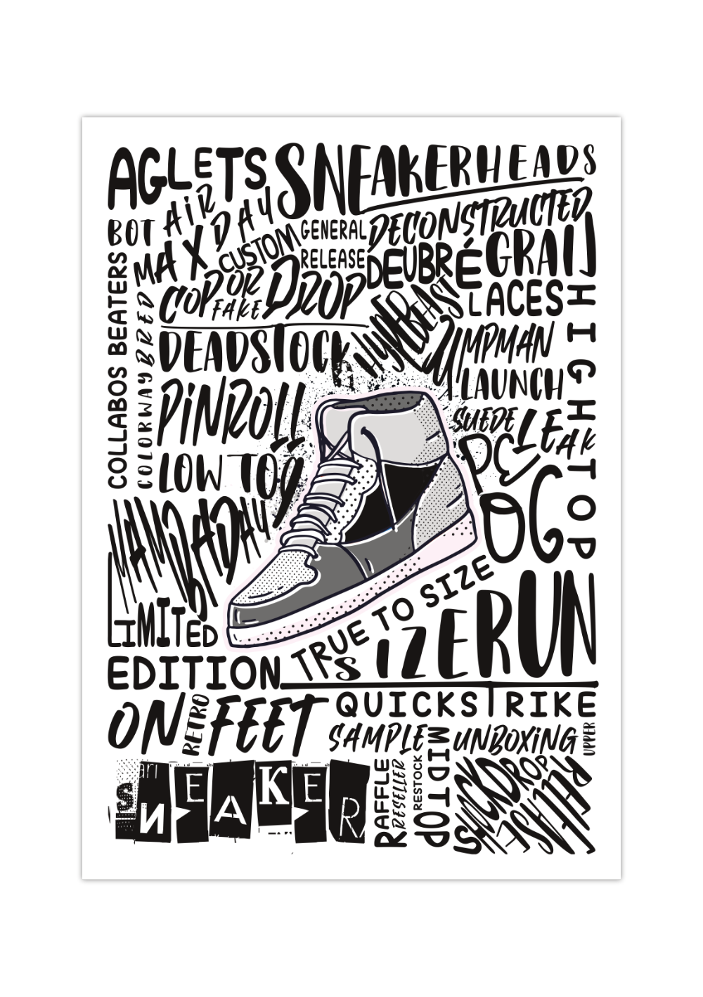 Das Poster zeigt dir einen Sneaker und um diesen ein Lexikon von Wörter, die in Verbindung mit Sneakern stehen. 