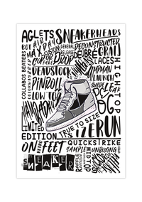 Das Poster zeigt dir einen Sneaker und um diesen ein Lexikon von Wörter, die in Verbindung mit Sneakern stehen. 