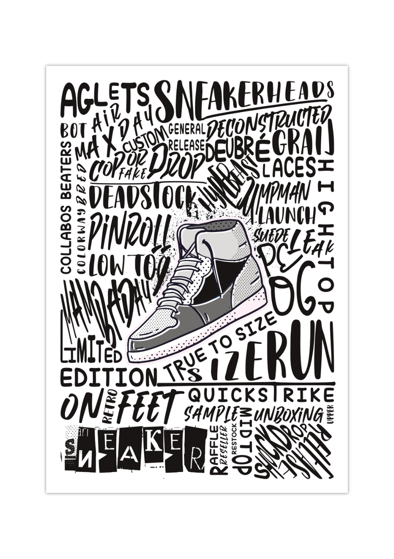 Das Poster zeigt dir einen Sneaker und um diesen ein Lexikon von Wörter, die in Verbindung mit Sneakern stehen. 