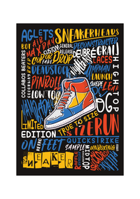 Das Poster zeigt dir einen Sneaker und um diesen ein Lexikon von Wörter, die in Verbindung mit Sneakern stehen. 