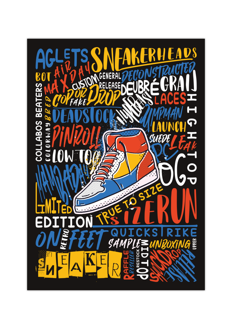 Das Poster zeigt dir einen Sneaker und um diesen ein Lexikon von Wörter, die in Verbindung mit Sneakern stehen. 