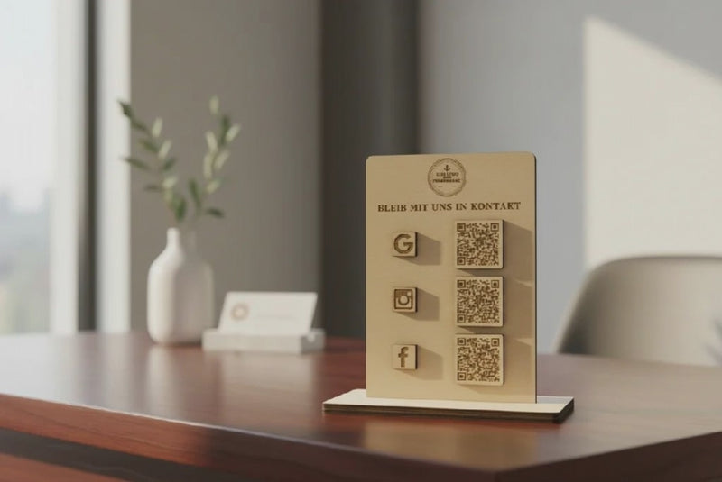 Social Medi, Google, Website QR-Code Aufsteller aus Holz – Individuell für Google, Website, Instagram, TikTok, LinkedIn & mehr. Wunschtext & Logo/Firmennamen gravierbar. Hochwertige Theke-Deko.