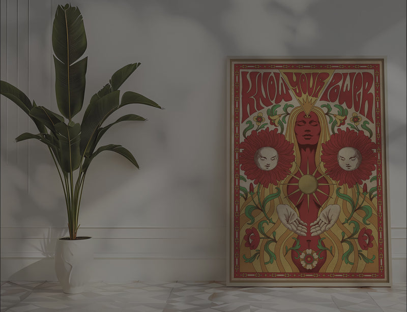 Das Poster zeigt dir im Stil der 70er-Jahre eine Frau und zwei Blumen 