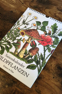A4-Wandkalender mit historischen Illustrationen von Wildpflanzen, Kräutern und Pilzen aus der Zeit um 1900; Monatsübersicht mit saisonalen Pflanzen, hochwertiger Fineart-Druck auf Premium-Papier, Vintage-Design mit schwarzer Spiralbindung.
