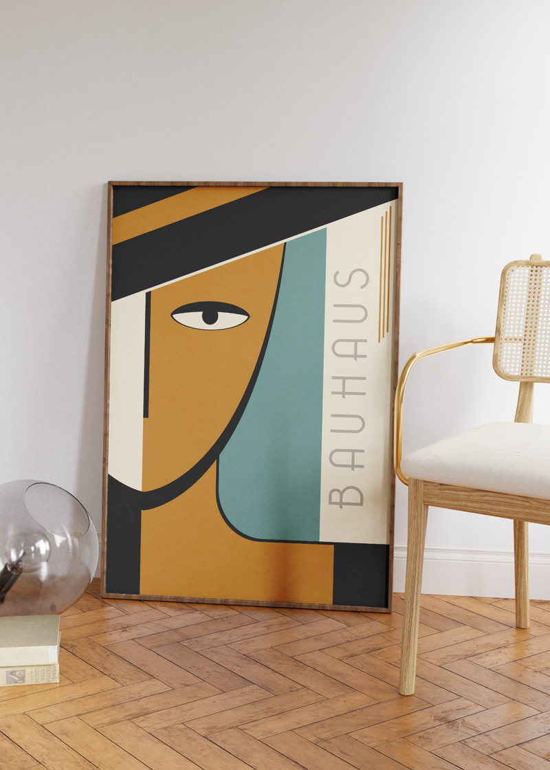 Das Bauhaus Poster zeigt dir in unterschiedlichen geometrischen Formen ein bunt dargestelltes Gesicht eines Mannes im modernen Stil. 