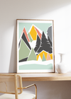 Dieses minimalistische Poster zeigt eine Berglandschaft der Alpen. Das Landschaftsbild ist im abstrakten Stil gehalten und passt sowohl in modern gestaltete Wohnungen, wie auch in Land- und Bauernhäuser.
