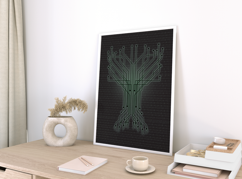 Das Computer-Poster zeigt einen Datenbaum mit hinterlegtem Binärcode