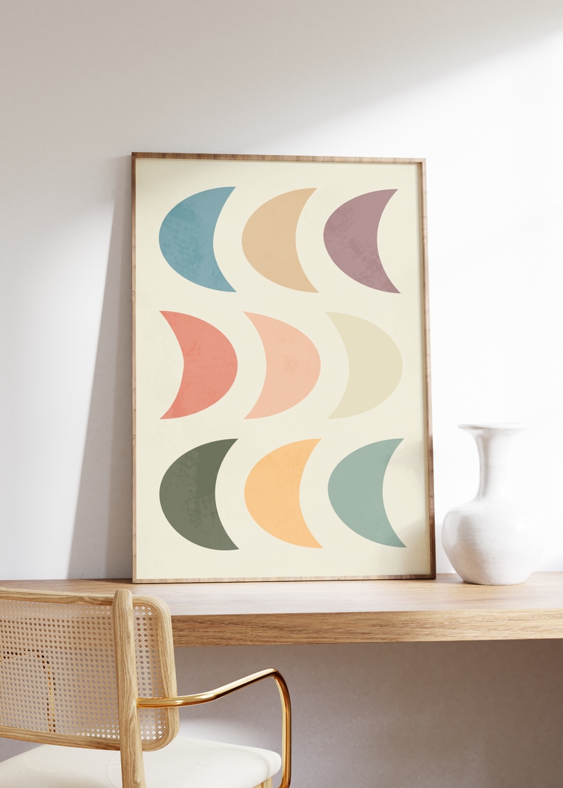 Dieses tolle Poster im Boho, Mid-Century Stil Halbmonde in verschieden Pastellfarben. Dieses minimalistische Bild eignet sich als Wanddeko in jedem Raum.
