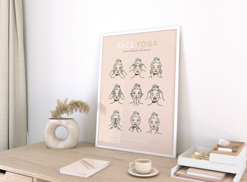 Das Yoga Poster zeigt dir neun unterschiedliche Gesichtsyoga Übungen. 