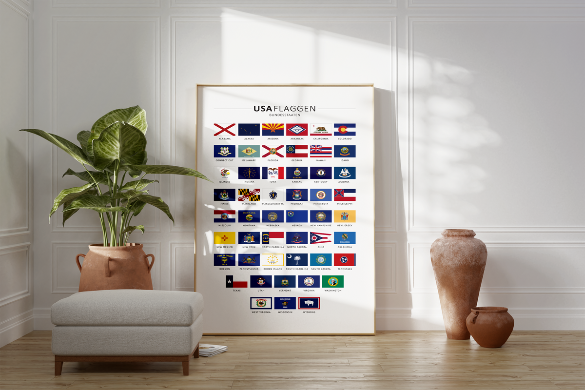 Das Poster zeigt dir die Flaggen der 50 US-Bundesstaaten.