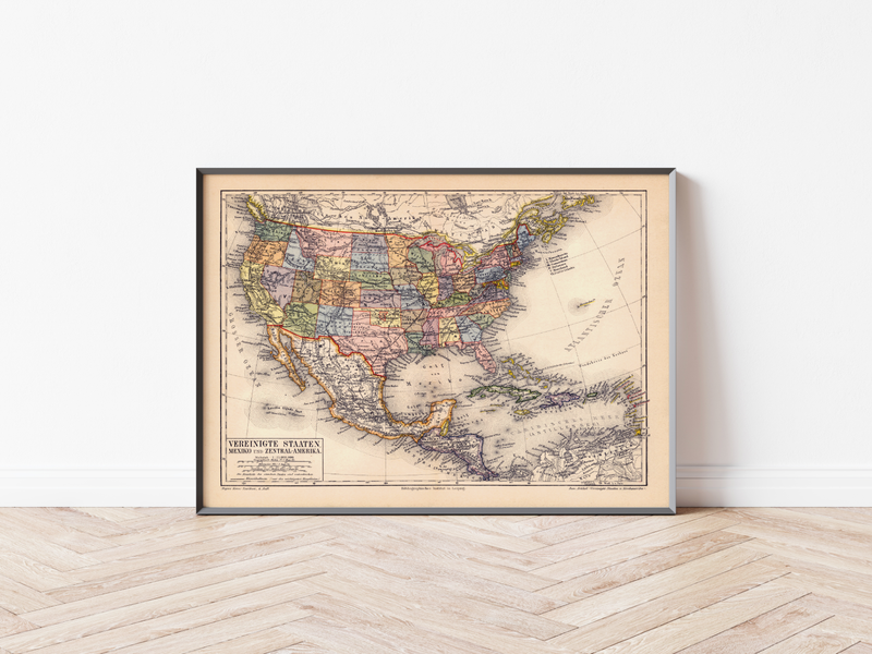 Das Poster einer Karte zur USA, Mexiko und Zentralamerika ist eine Vintage Lithographie aus Meyers Koversations-Lexikon aus dem Jahr 1890.