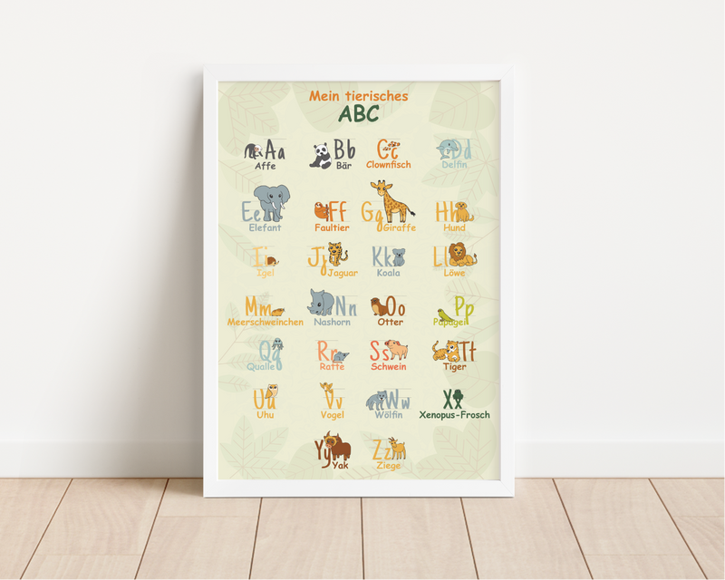 Dieses ABC Poster zeigt dir die Buchstaben von A bis Z und dazu Tiere, die zu dem jeweiligen Buchstaben passen, mit Groß- und Kleinschreibung.