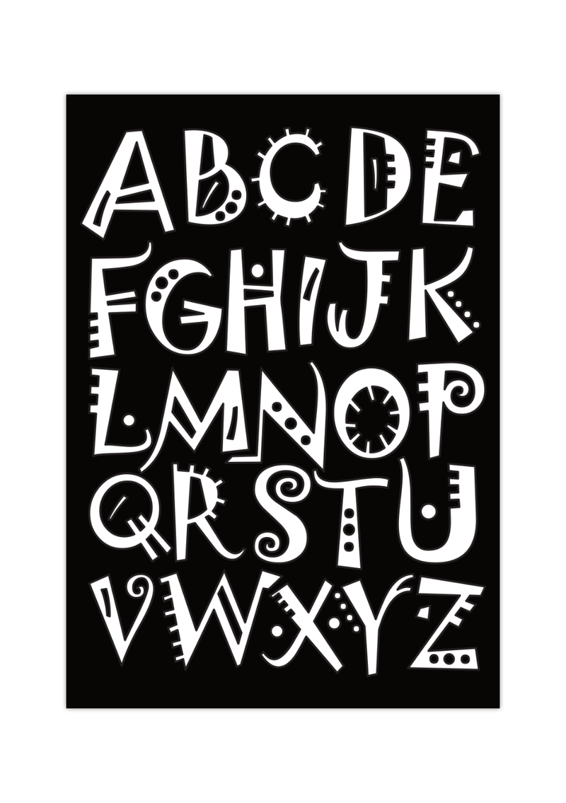 Dieses Poster zeigt dir die 26 Buchstaben des Alphabets in schwarz und weiß. 