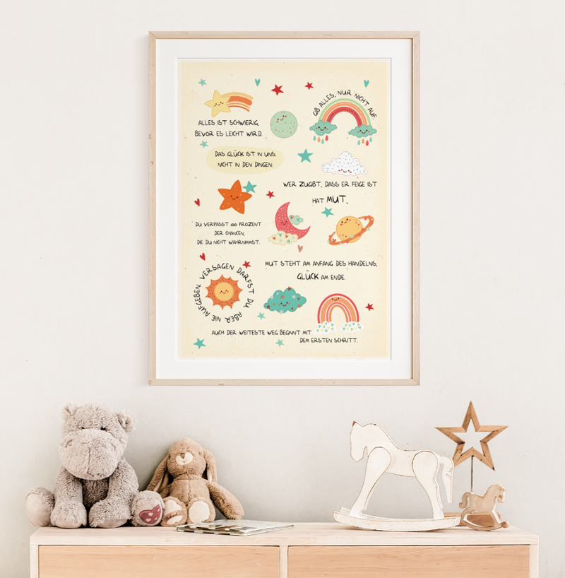 Das Poster zeigt verschiedene kindgerechte Darstellungen mit motivierenden Sprüche fürs Kinderzimmer. 