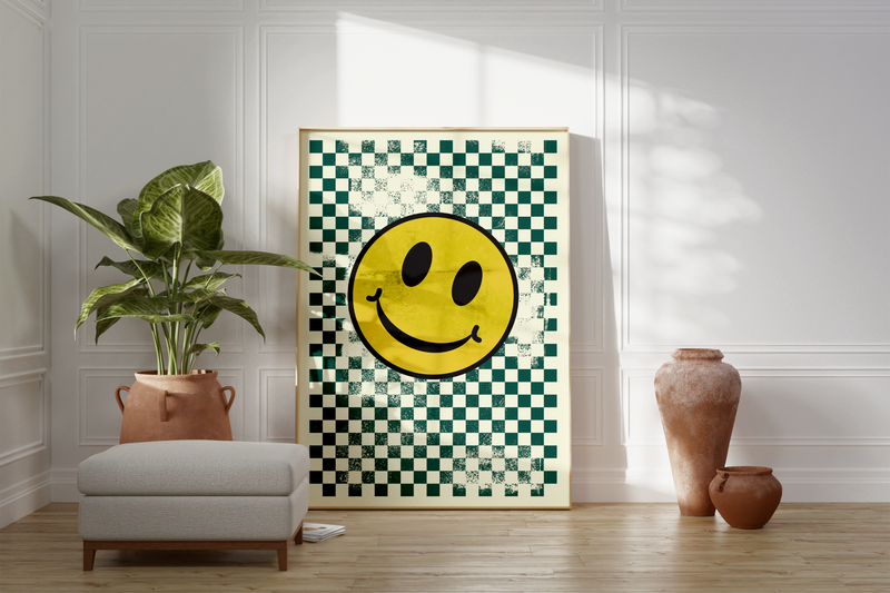 Dieses Poster zeigt im modernen Stil ein gelbes Smiley Gesicht mit grünen Quadraten im Hintergrund. Die perfekte Wanddeko für moderne Einrichtungsstile,