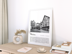 Dieses Poster zeigt dir in Schwarz Weiß eine Fotografie der Altstadt der Landeshauptstadt Mainz in Rheinland-Pfalz. 