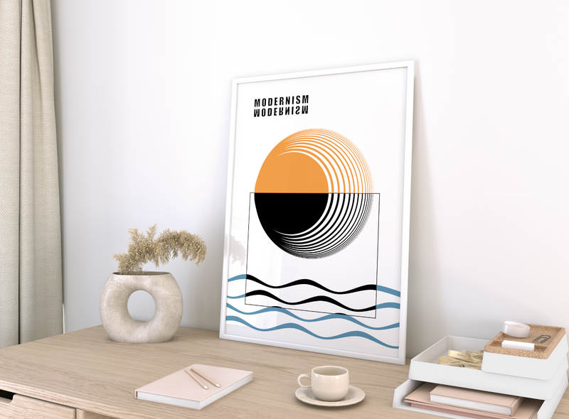 Das Poster zeigt eine minimalistische Darstellung von geometrischer Kunst mit Kreisen, Wellen und dem Wort Minimalism.