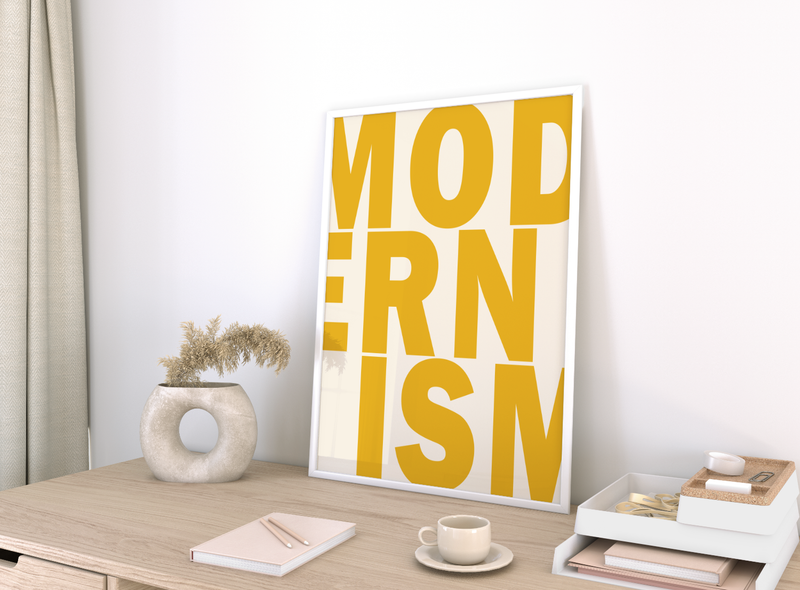 Das Poster zeigt das Wort Modernism in gelber Schrift.