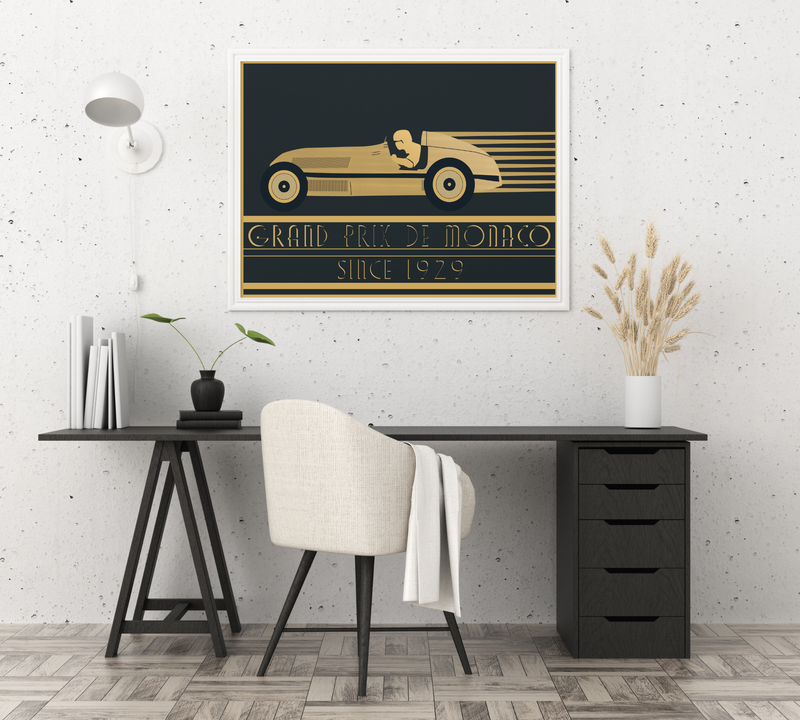 Dieses Poster zeigt einen alten Rennwagen von 1929, der einem Oldtimer nachempfunden ist, der zu dieser am Grand Prix von Monaco teilgenommen hat.