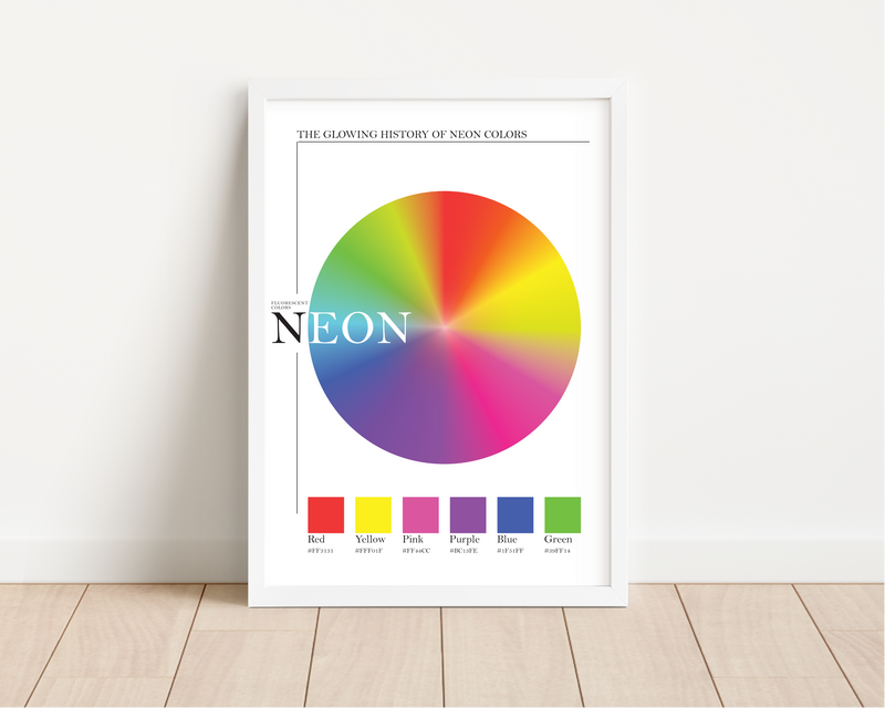 Das Poster zeigt dir ein Farbrad mit verschiedenen Neon-Farben. Darunter Neon Rot, Neon Pink, Neon Lila, Neon Blau, Neon Gelb und Neon Grün.
