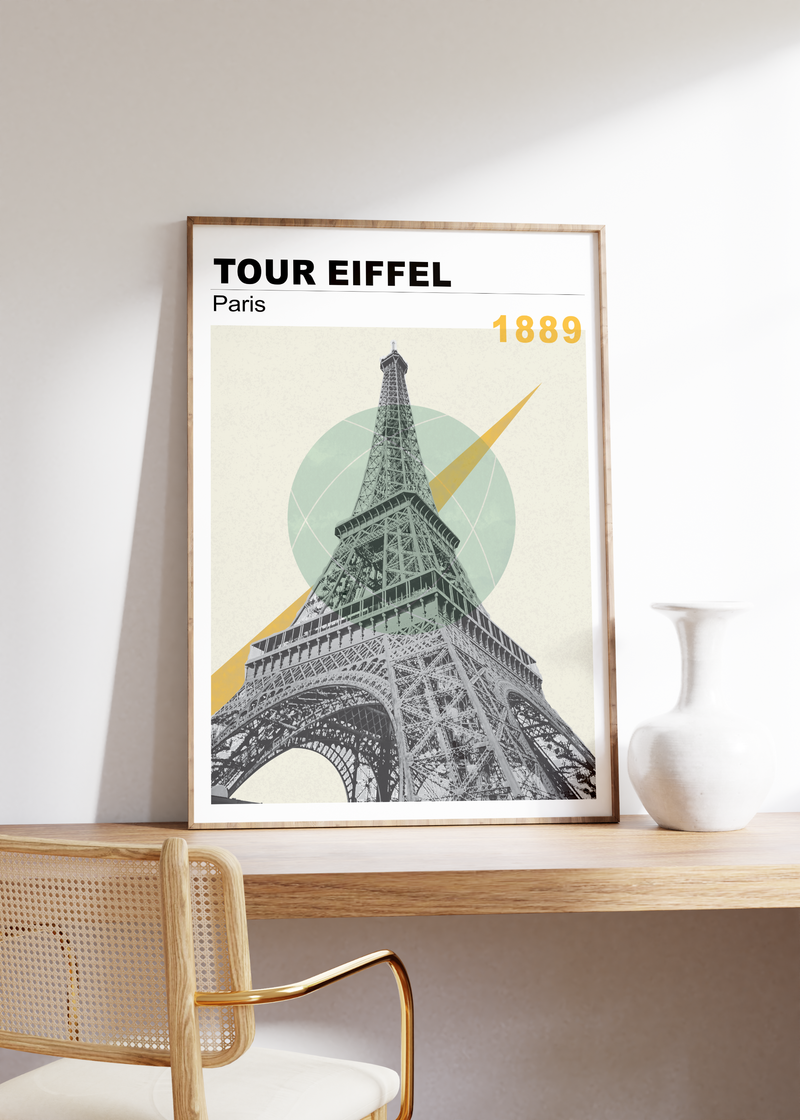 Dieses Poster zeigt dir eine Ansicht von Paris, auf der der Eiffelturm im vintage Design zu sehen ist.