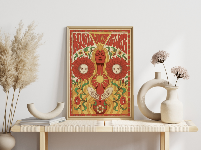Das Poster zeigt dir im Stil der 70er-Jahre eine Frau und zwei Blumen 