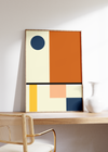 Dieses Poster zeigt dir eine moderne, geometrische Darstellung in Orange, Blau, Gelb und Beige. 