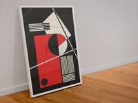 Das Poster zeigt eine abstrakte, geometrische Darstellung in Rot und Beige mit schwarzem Hintergrund.