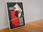 Das Poster zeigt eine abstrakte, geometrische Darstellung in Rot und Beige mit schwarzem Hintergrund.