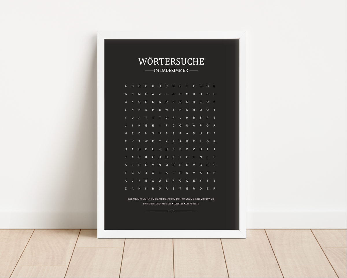 Dieses Poster zeigt dir eine witzige Art, die Zeit auf der Toilette zu verbringen. Mit der Wörtersuche für das Badezimmer vertreibst du dir die Zeit auf deinem WC und schenkst deine Gäste ein Lächeln ins Gesicht.