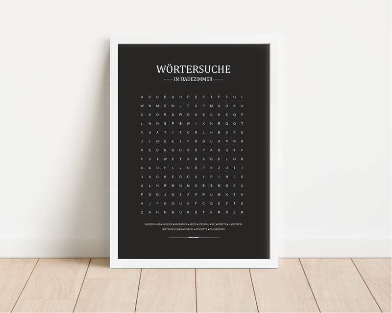 Dieses Poster zeigt dir eine witzige Art, die Zeit auf der Toilette zu verbringen. Mit der Wörtersuche für das Badezimmer vertreibst du dir die Zeit auf deinem WC und schenkst deine Gäste ein Lächeln ins Gesicht.