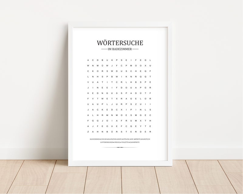 Dieses witzige Badezimmer Poster ist ein Wortsuche-Rätsel für deine Toilette oder Gäste-WC.