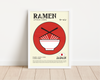 Dieses zeitgenössische Poster zeigt japanische Ramen-Nudeln, mit den Schriftzeichen für Ramen, der japanischen Flagge und eine kurze Erläuterung, was Ramen ist. 