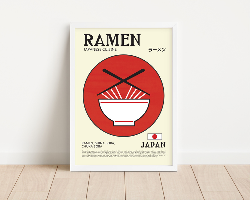 Dieses zeitgenössische Poster zeigt japanische Ramen-Nudeln, mit den Schriftzeichen für Ramen, der japanischen Flagge und eine kurze Erläuterung, was Ramen ist. 