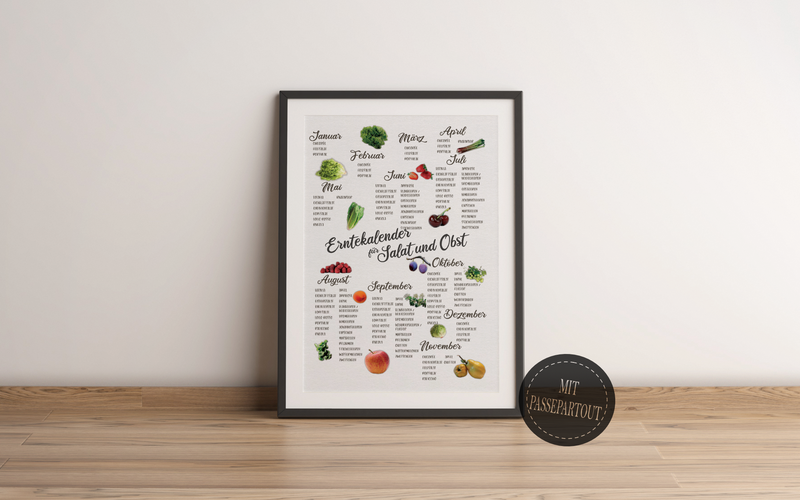 Das Saisonkalenderposter für Salat und Obst. Das ideale botanische Bild für deine Küche oder dein Gartenhaus.