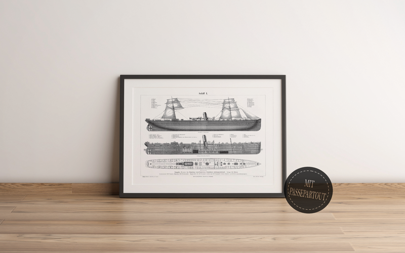 Das Poster eines Schiffes ist eine Vintage Lithographie aus Meyers Koversations-Lexikon aus dem Jahr 1890.