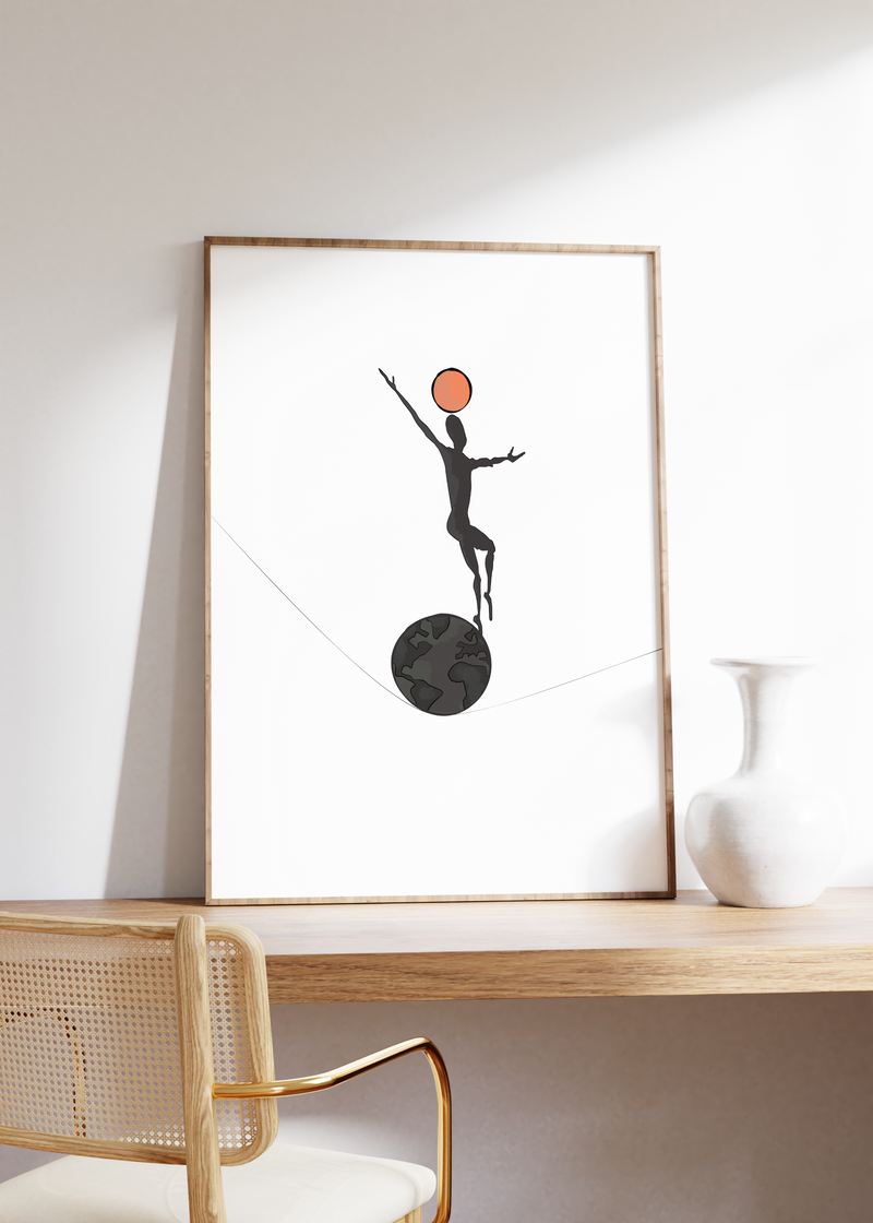 Dieses Poster zeigt einen Seiltänzer der über ein Seil auf der Erde tanzt und eine Orange Kugel auf dem jongliert.