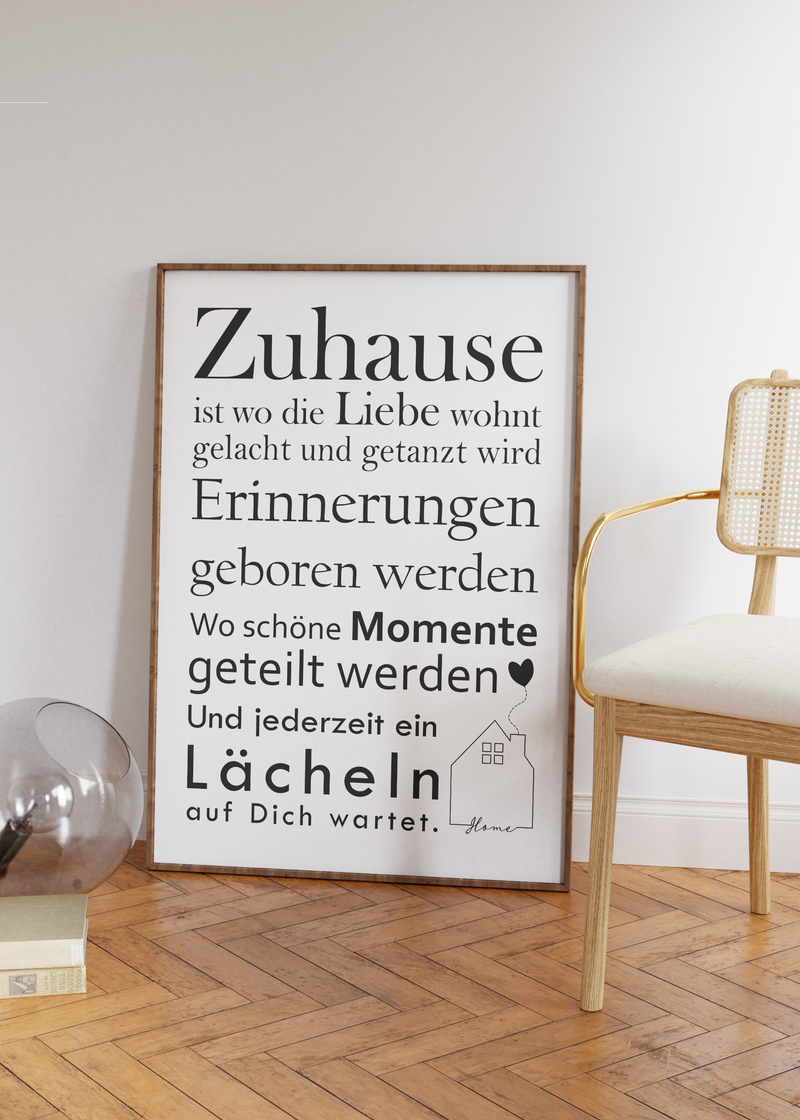 Dieses Poster zeigt verschiedene Wörter und Sätze, die dein Zuhause beschreiben. Das perfekte Bild zum Umzug, Einzug oder als Geschenk zum Richtfest.