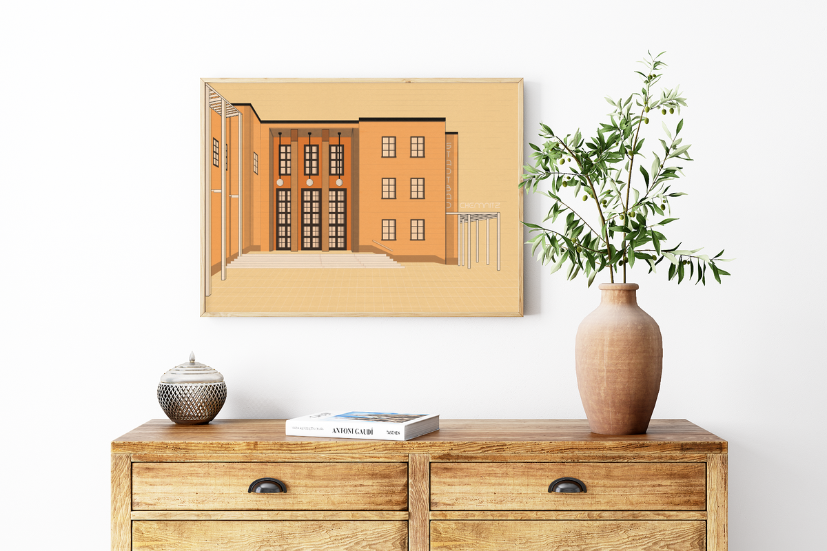 Das Poster zeigt eine minimalistische Darstellung des Stadtbades in Chemnitz in Orange. Das Schwimmbad wurde 1925 vom Stadtbaudirektor Fred Otto im Stil des Neuen Bauens, eine Stil aus dem sich auch das Bauhaus ableitet, entworfen. 