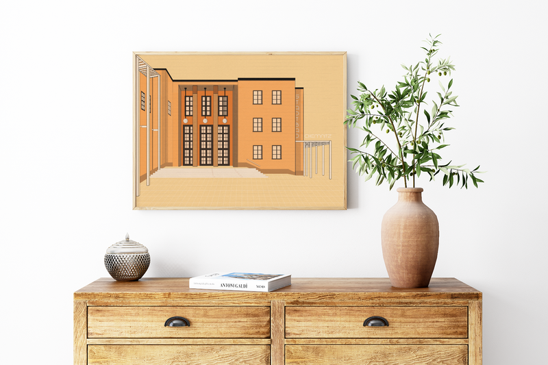 Das Poster zeigt eine minimalistische Darstellung des Stadtbades in Chemnitz in Orange. Das Schwimmbad wurde 1925 vom Stadtbaudirektor Fred Otto im Stil des Neuen Bauens, eine Stil aus dem sich auch das Bauhaus ableitet, entworfen. 