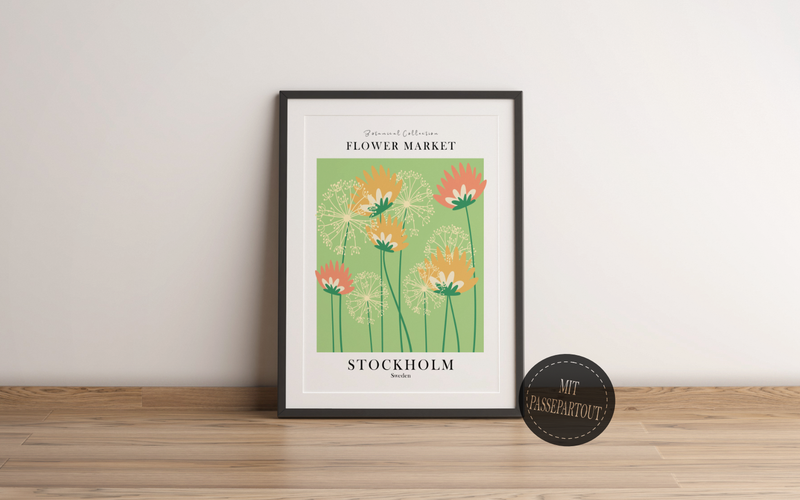 Das Poster ist ein fiktives Bild des Blumenmarktes in Stockholm, Schweden. In schönem Grün und Weiß ist es die perfekte Wanddeko für deine Küche oder Esszimmer.