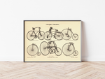 Das Poster von Fahrrädern (Velocipede) ist eine Vintage Lithographie aus Meyers Koversations-Lexikon aus dem Jahr 1890 im viktorianischen Stil.