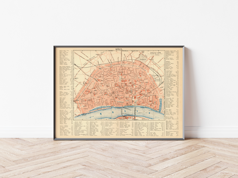 Das Poster einer Karte von Köln ist eine Vintage Lithographie aus Meyers Koversations-Lexikon aus dem Jahr 1890.
