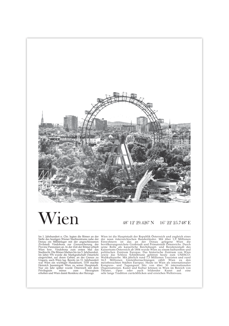 Dieses Poster zeigt dir eine Ansicht des Wiener Riesenrades in schwarz/weiß.. 