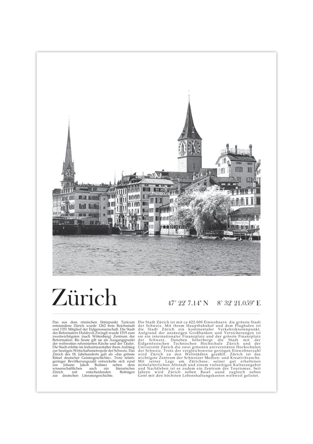 Dieses Poster zeigt dir eine Ansicht der Stadt Zürich, oder auf schweizerisch Züri, in Schwarz/Weiß.