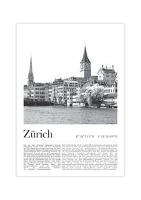 Dieses Poster zeigt dir eine Ansicht der Stadt Zürich, oder auf schweizerisch Züri, in Schwarz/Weiß.