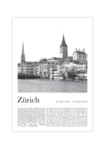 Dieses Poster zeigt dir eine Ansicht der Stadt Zürich, oder auf schweizerisch Züri, in Schwarz/Weiß.