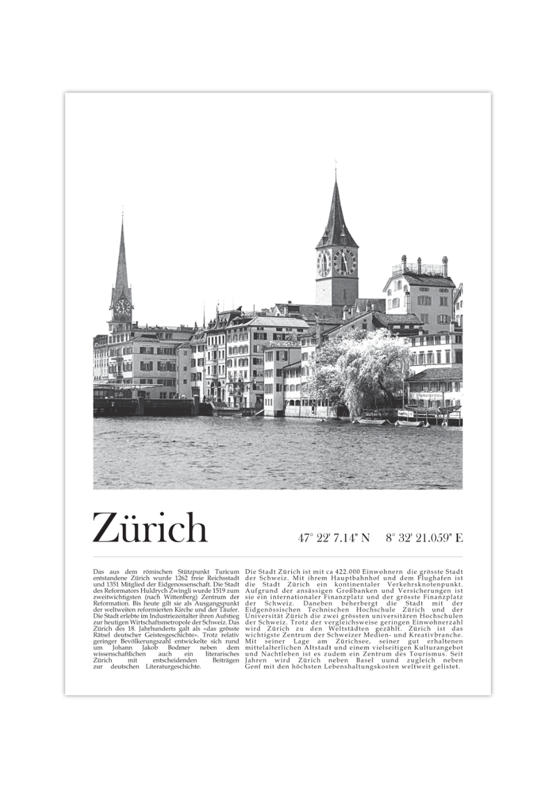 Dieses Poster zeigt dir eine Ansicht der Stadt Zürich, oder auf schweizerisch Züri, in Schwarz/Weiß.