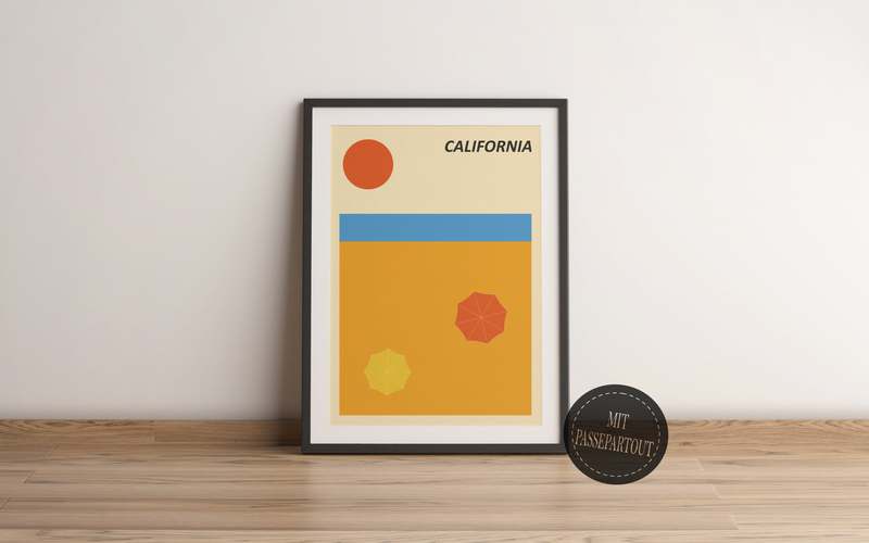 Das minimalistische Poster im retro Design zeigt dir einen Strand mit zwei Sonnenschirmen, das Wasser und die Sonne, dazu die Bildüberschrift California.