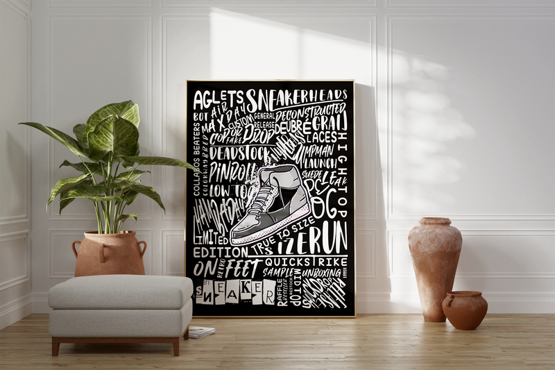 Das Poster zeigt dir einen Sneaker und um diesen ein Lexikon von Wörter, die in Verbindung mit Sneakern stehen. 